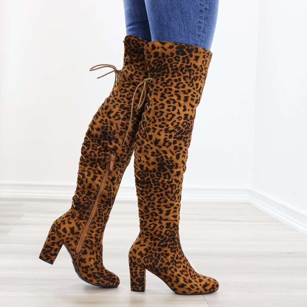 Suede Leopard Thigh High Heeled Boots Back Laces - Picture 4 of 15